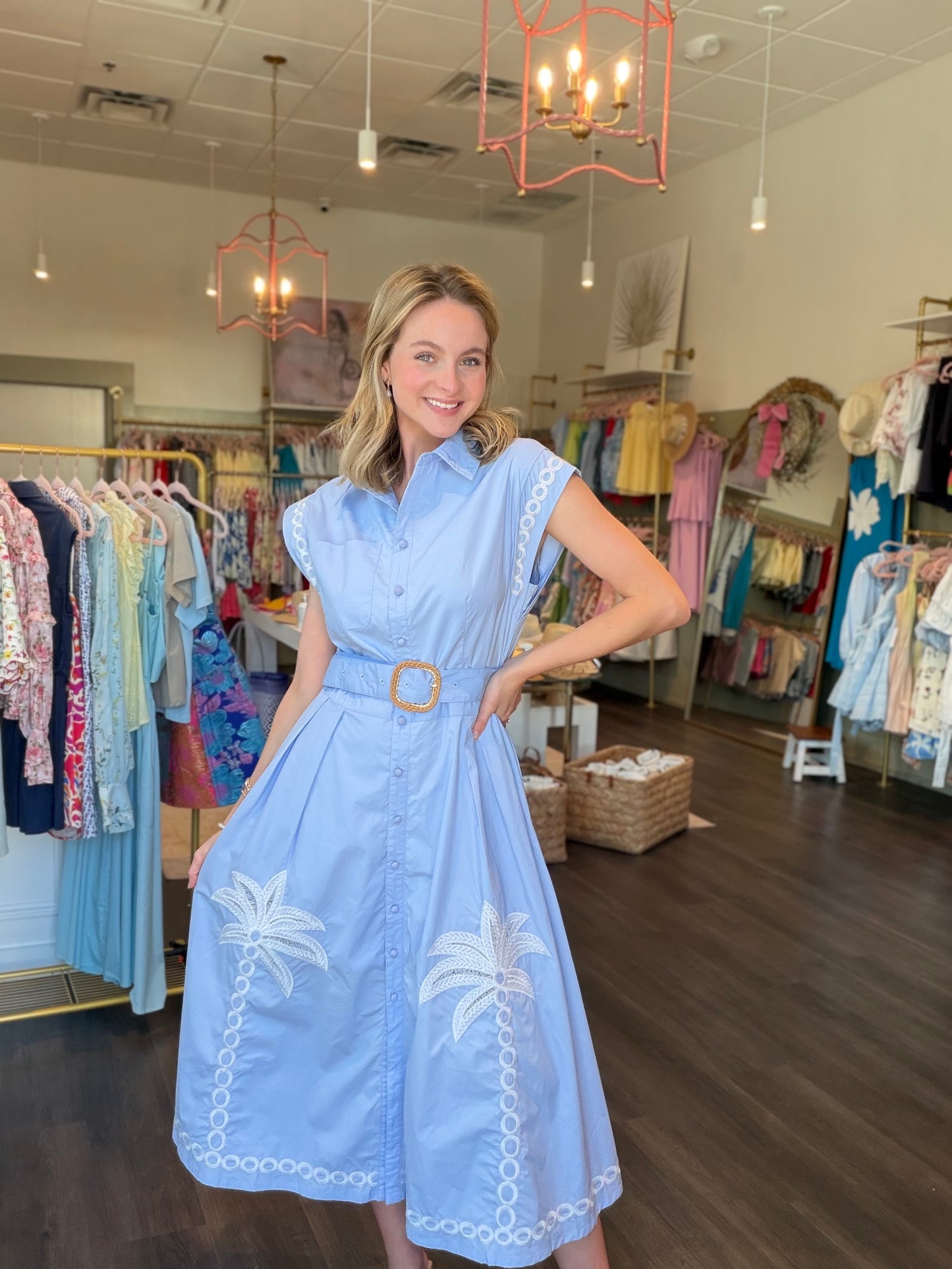 Palm Tree Embroidered Belted Midi Dress