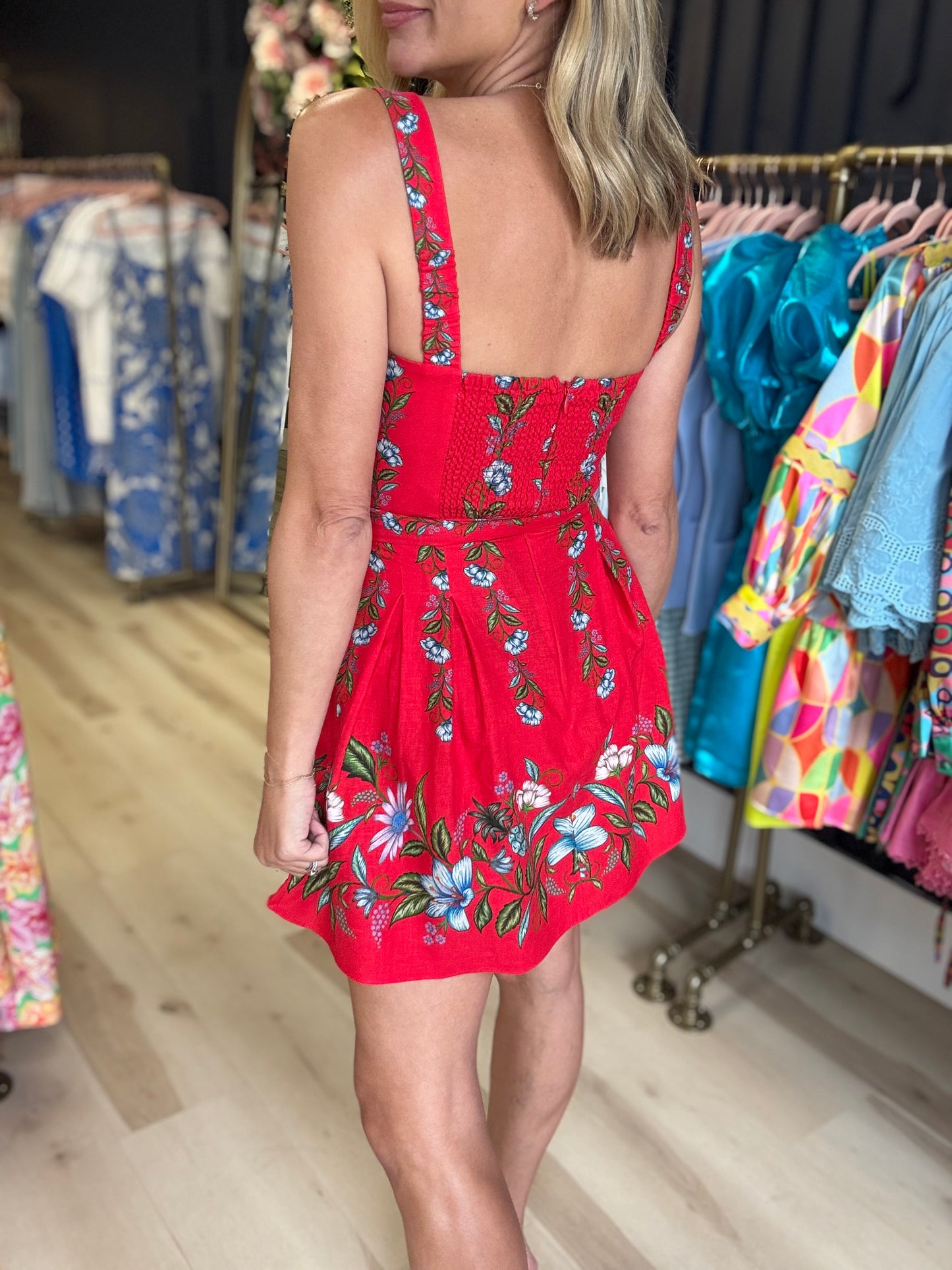 Farm Rio Red Sweet Bloom Bouquet Mini Dress