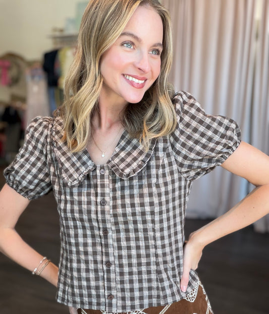 Gingham Plaid Button Top in Brown