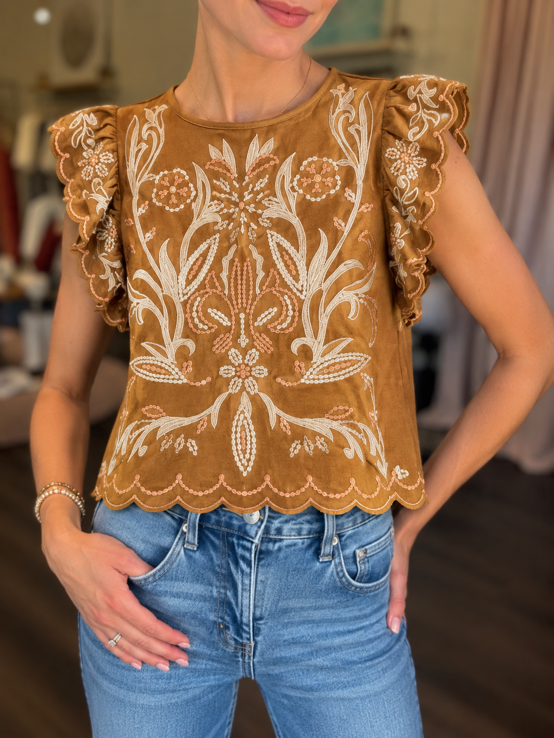 THML Flutter Sleeve Suede Embroidered Top