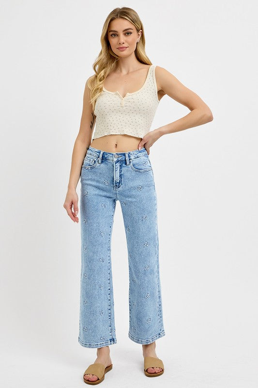 Embroidered High Rise Denim