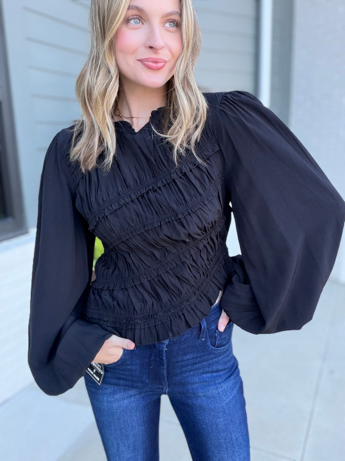 Ruched Long Sleeve Black Asymmetrical Top