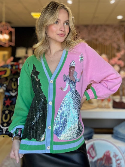 Queen of Sparkles Licensed Colorblock Glinda and Elphaba Button Up Cardigan