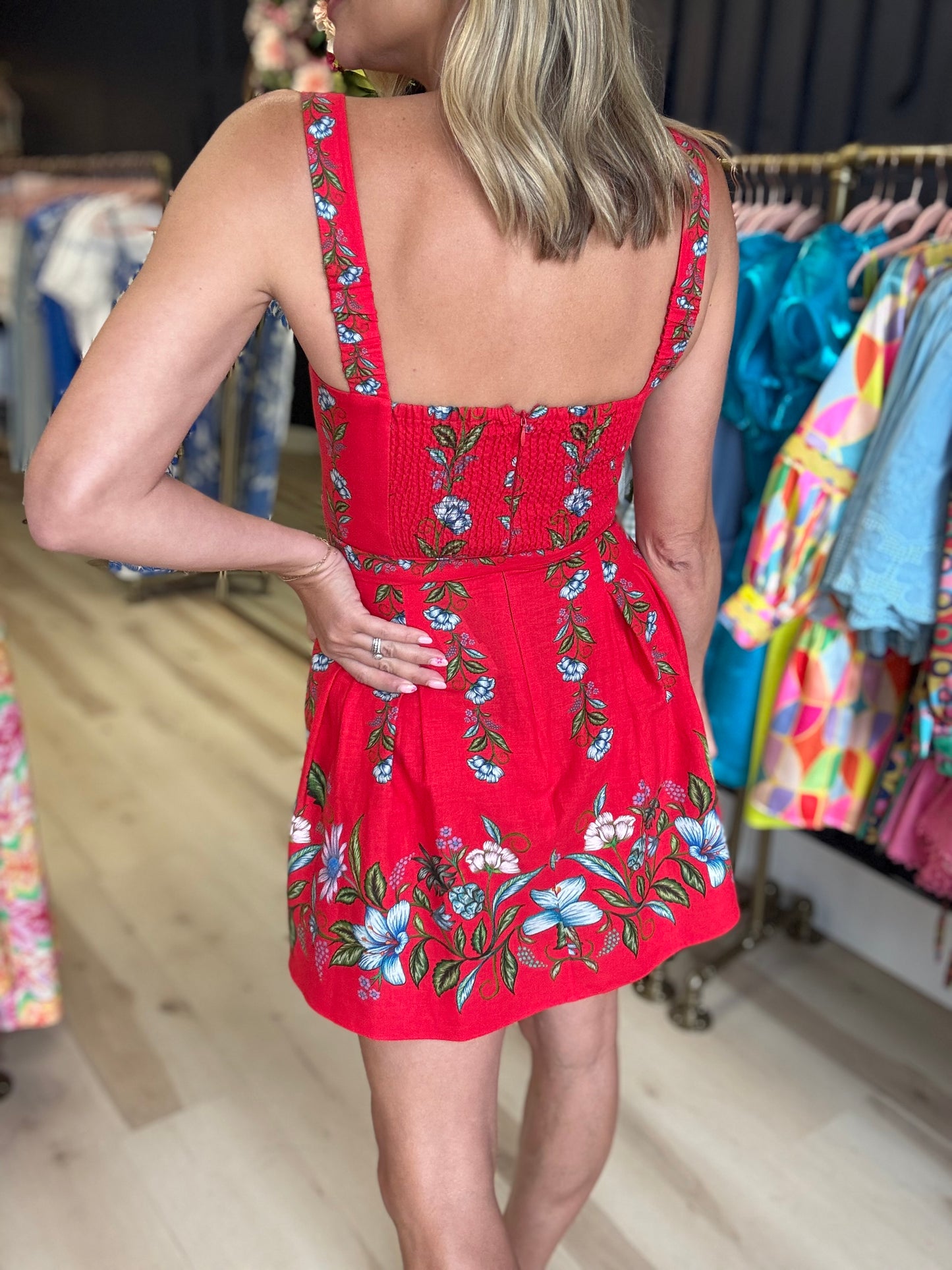 Farm Rio Red Sweet Bloom Bouquet Mini Dress