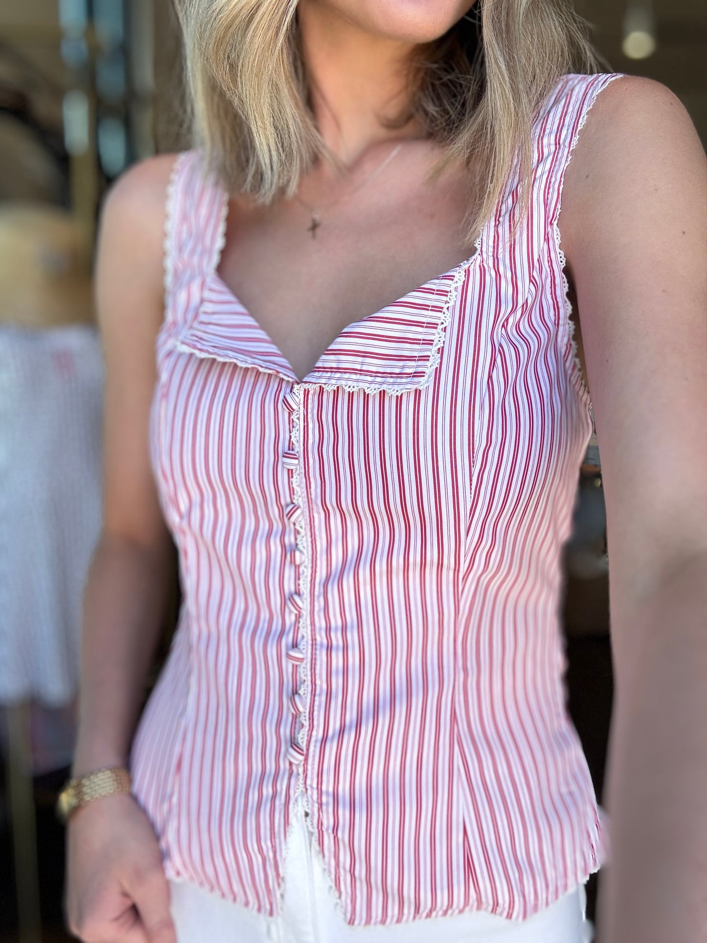 Isa Pin Stripe Lace Trim Vest