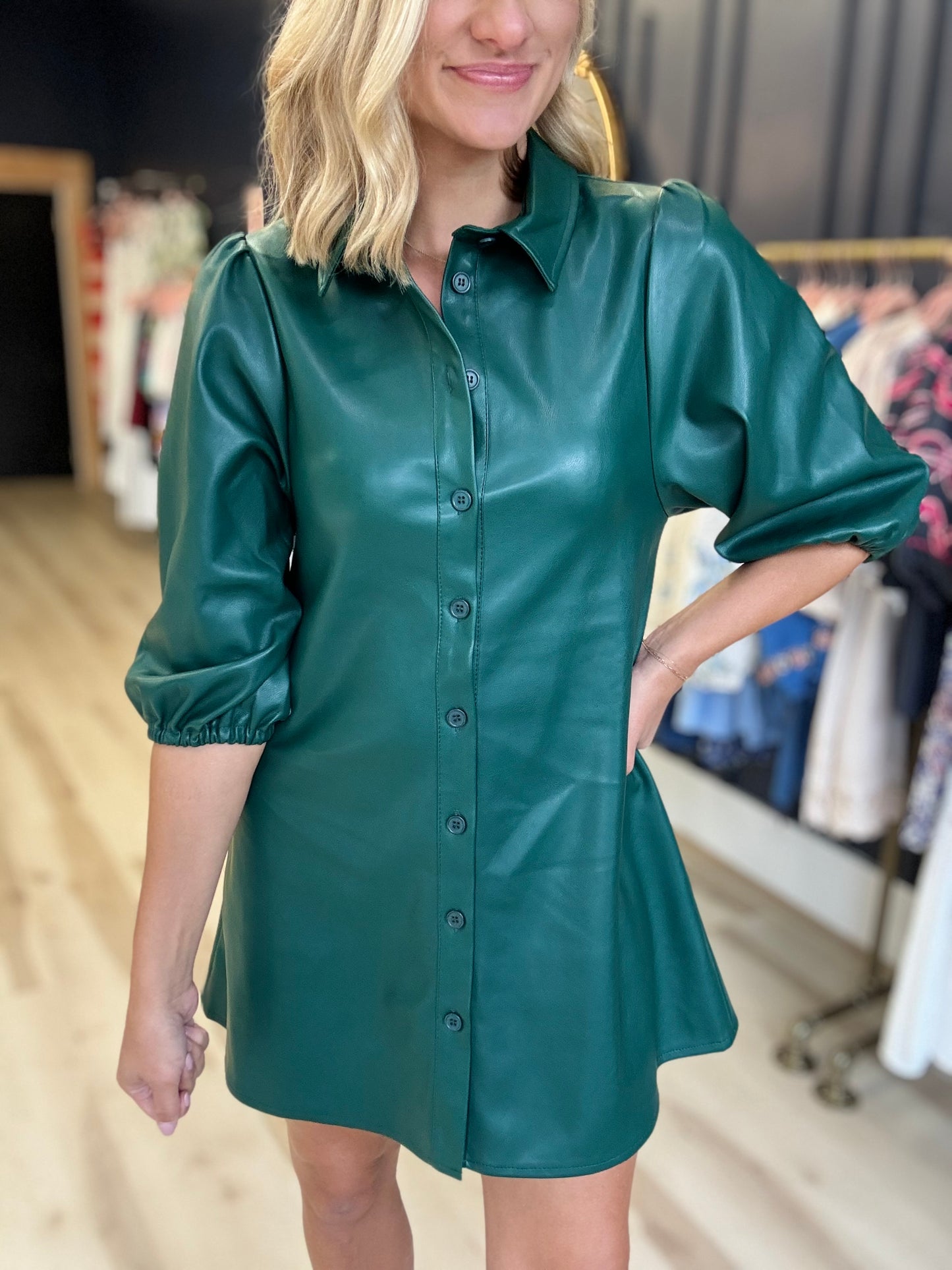 Vegan Leather Puff Sleeve Dress in Forest Green