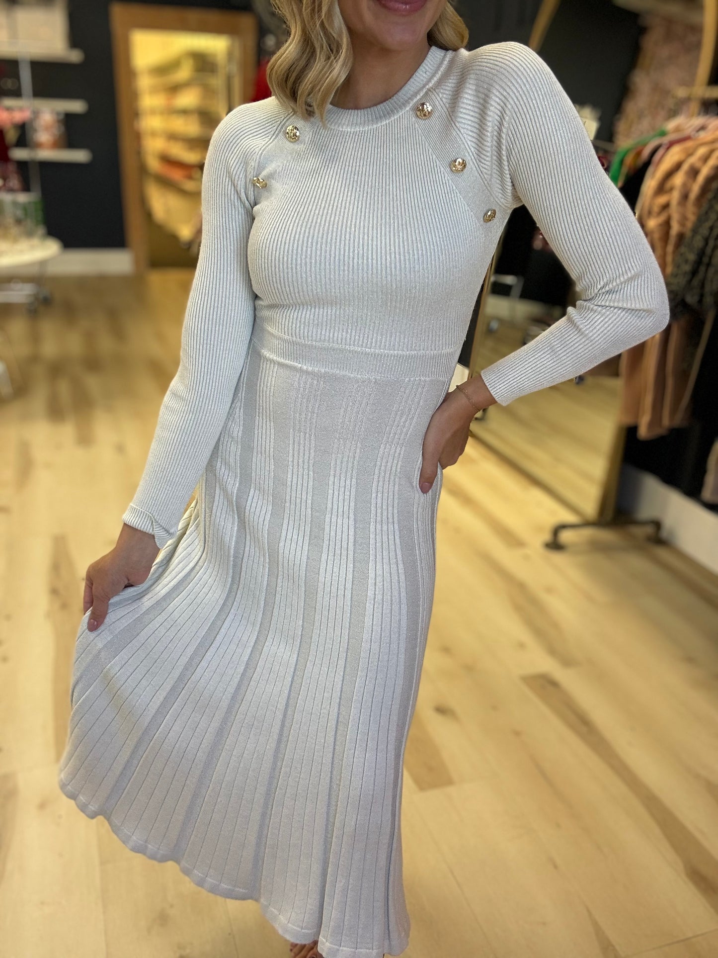 Cream Metallic Sweater Dress