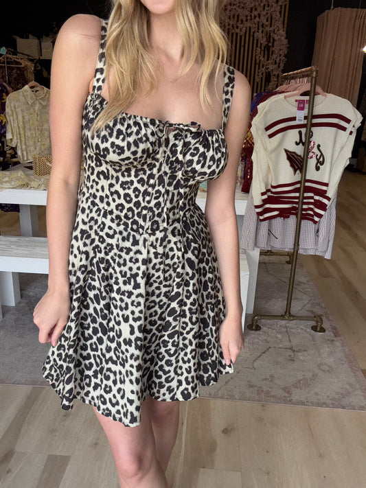 Leopard Lace Up Back Bustier Dress