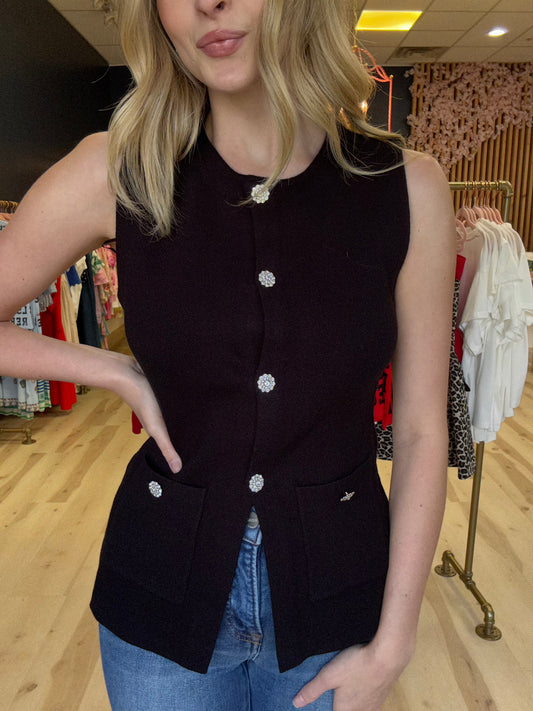 Black Crystal Button Sweater Vest