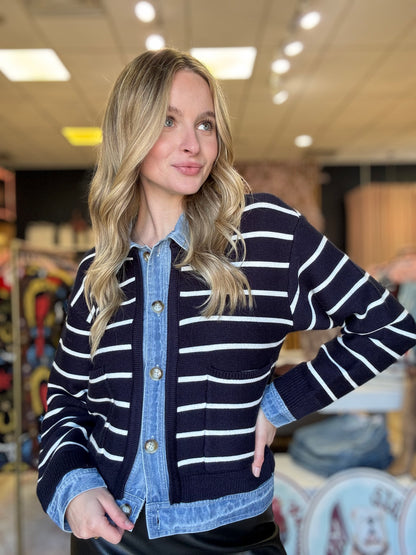 Stripe Knit/Denim Cardigan