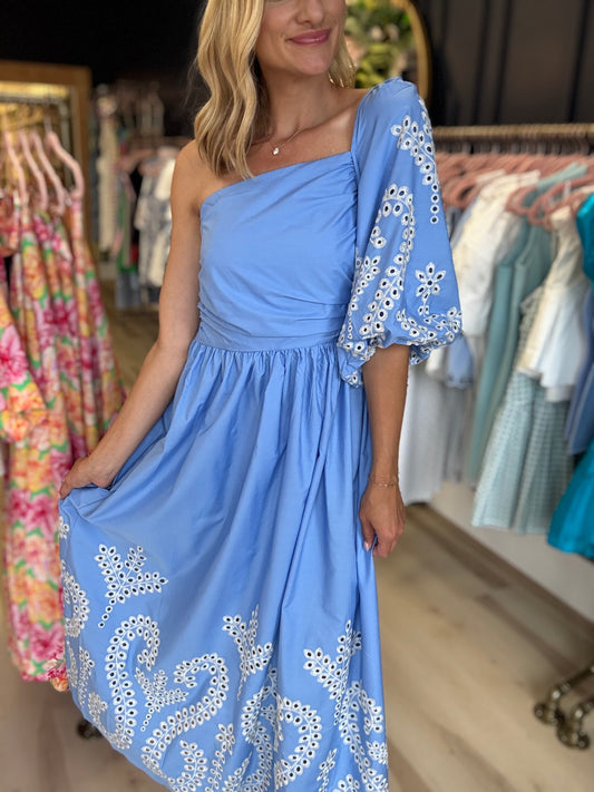 One Shoulder Embroidered Midi