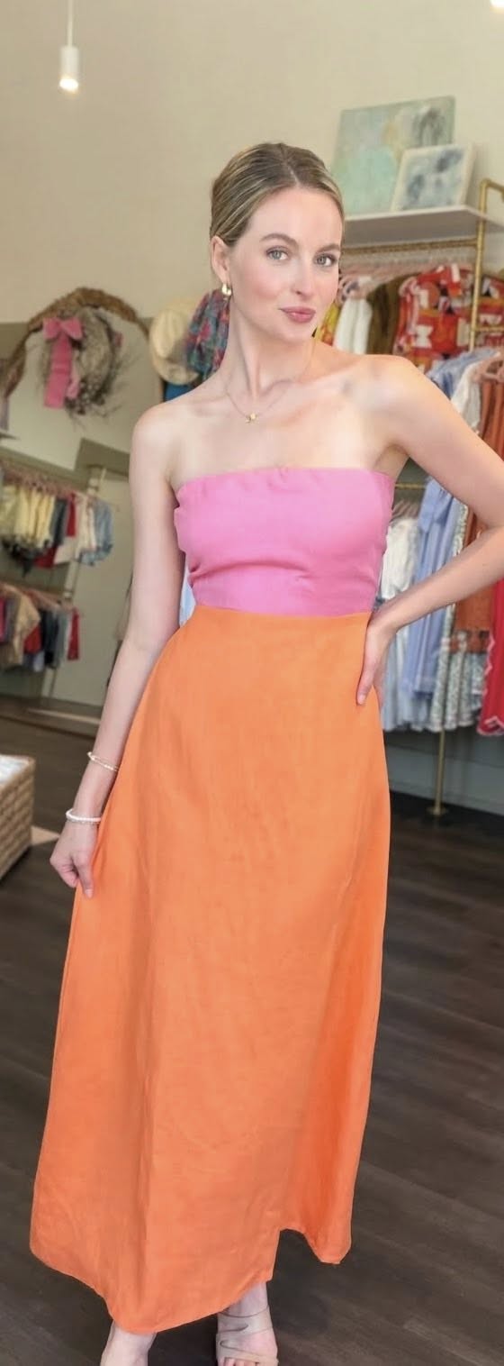 Mei Contrast Strapless Linen Maxi Dress