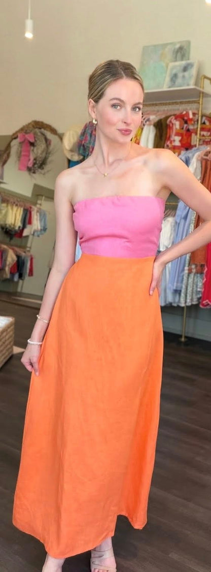 Mei Contrast Strapless Linen Maxi Dress