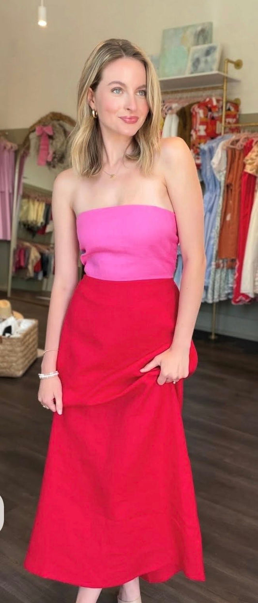 Karlie Colorblock Linen Bustier Maxi Dress In Pink And Red