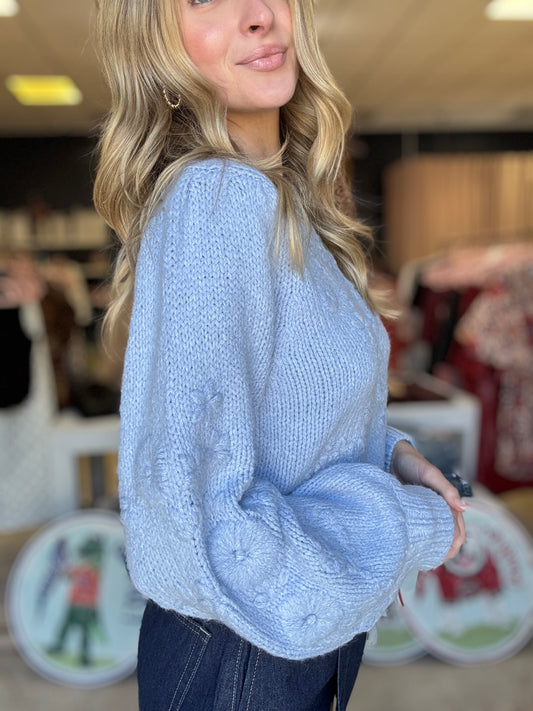 Floral Embroidered Balloon Sleeve Sweater - Blue