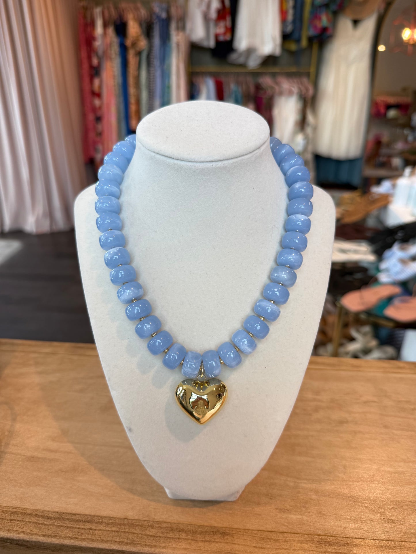 Colorful Beaded Heart Necklace in Sky Blue