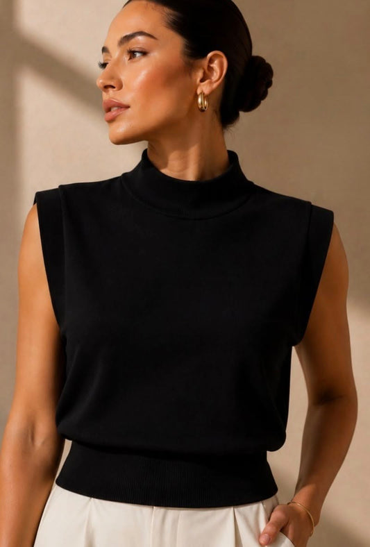 High Neck Sleeveless Sweater in Black