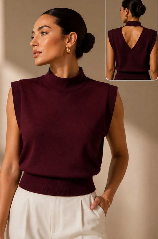 High Neck Sleeveless Sweater in Wine
