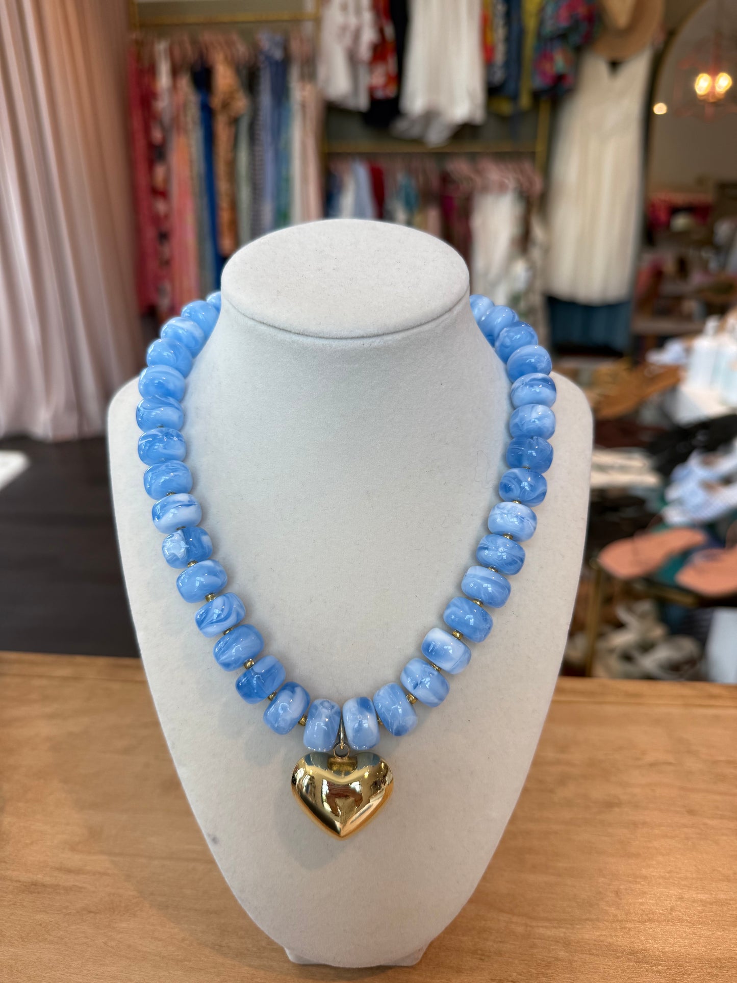 Colorful Beaded Heart Necklace in Light Blue