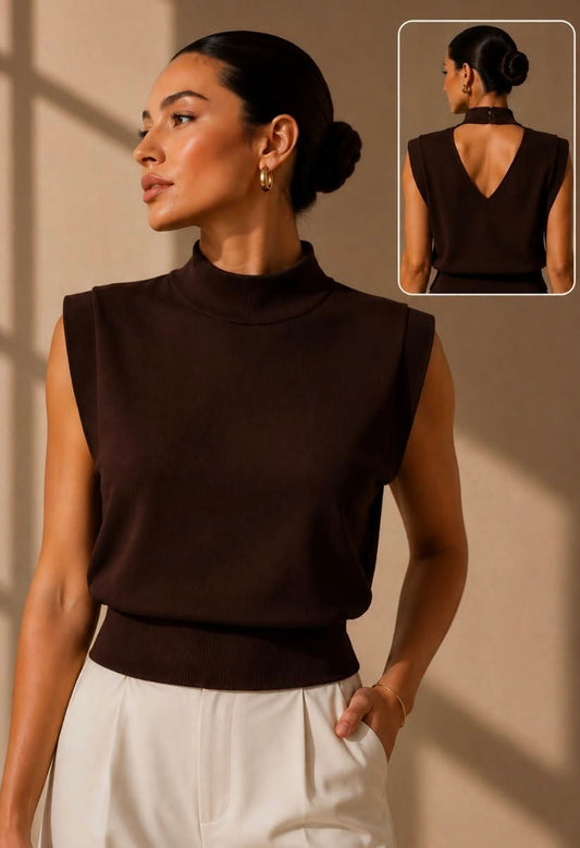 High Neck Sleeveless Sweater in Chocolate