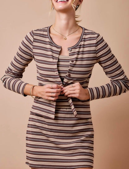 Women's 3 Piece Cardigan Skort Set in Brown