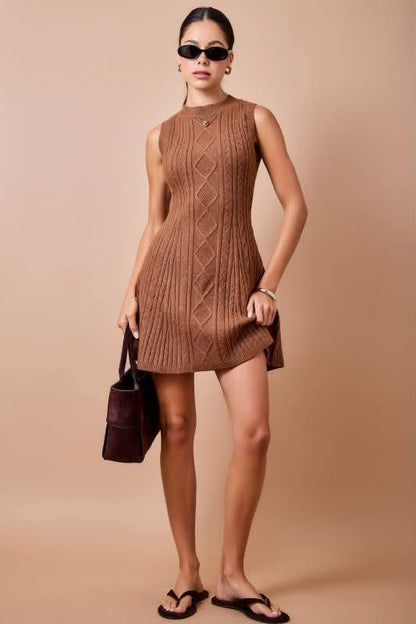 Cable Knit Sleeveless Sweater Dress in Brown (preorder)