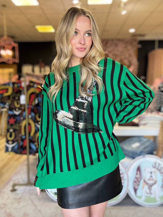 Queen of Sparkles Licensed Green and Black Striped Elphaba Hat Sweater