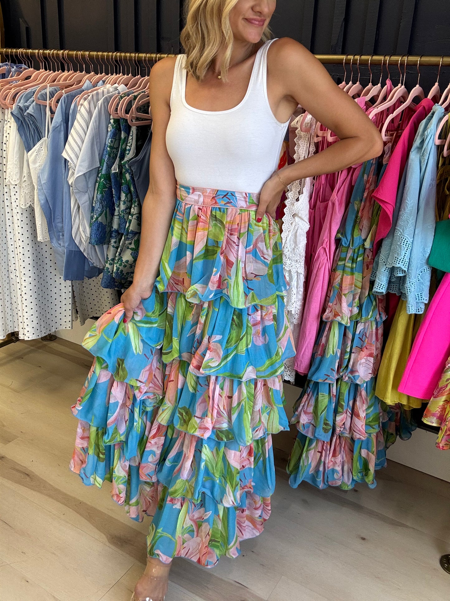 Farm Rio Blue Lily Bloom Maxi Skirt