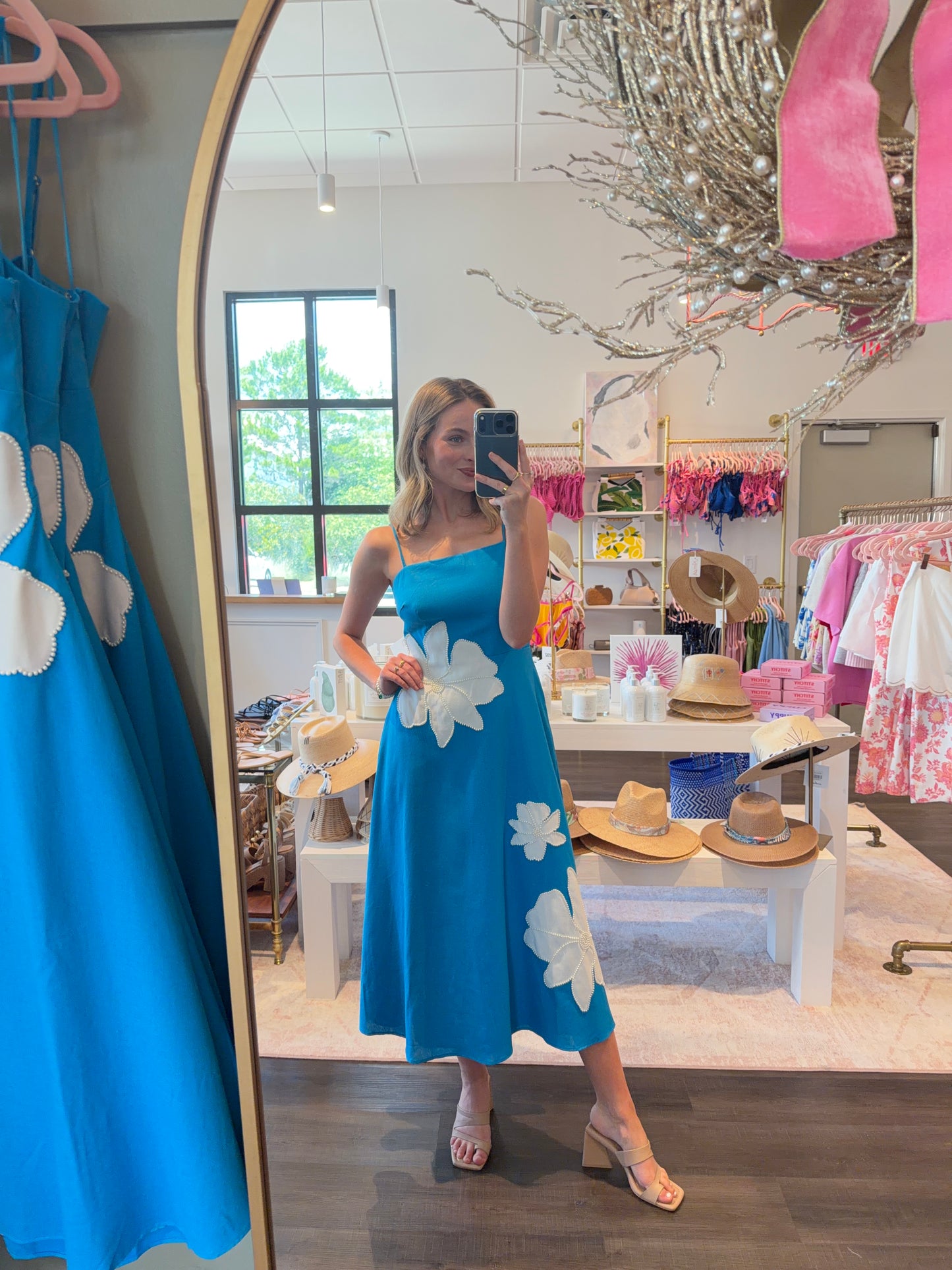 Floral Pearl Applique Cutout Back Midi Dress