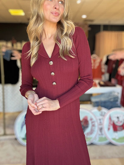 French Connection Crinkle Knit LS Maxi Dress in Cabernet