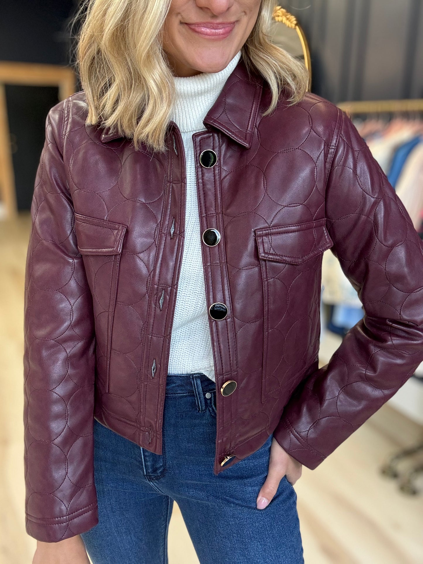 Vegan Leather Quilted Jacket in Wine