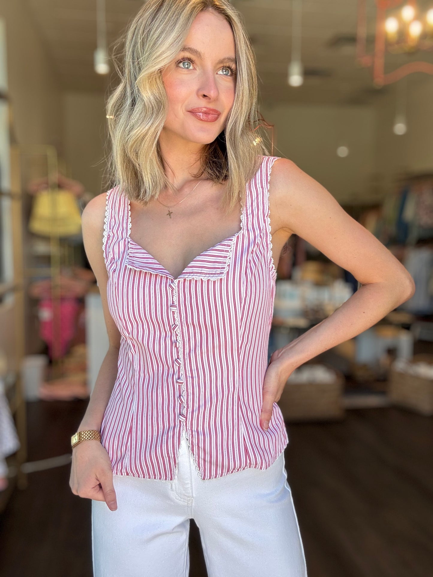Isa Pin Stripe Lace Trim Vest