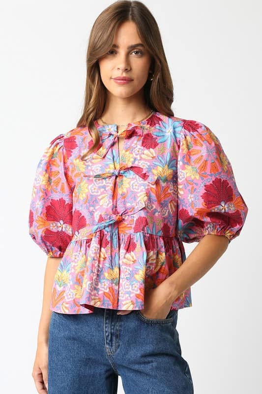 Floral Print Bow Front Top