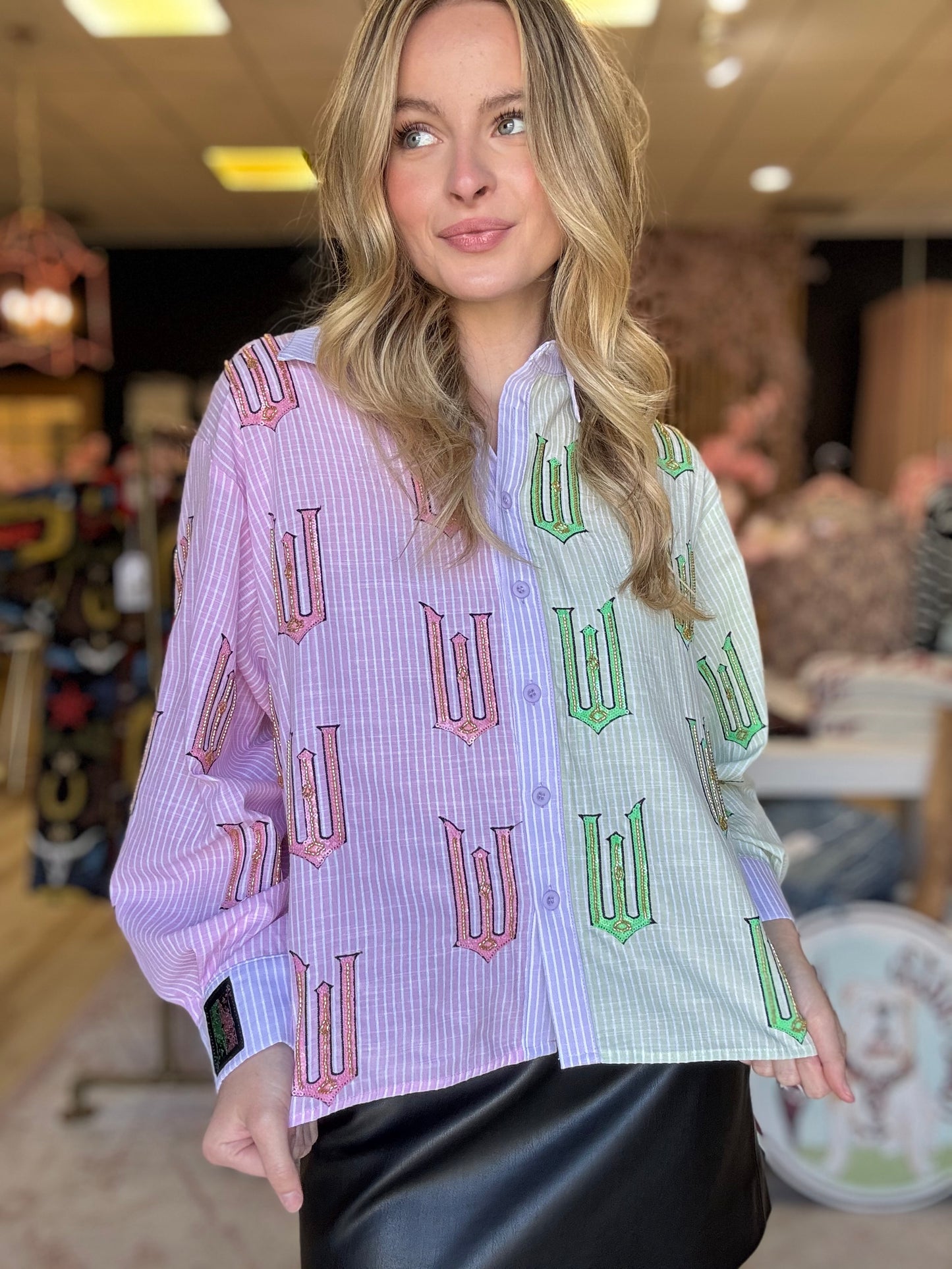 Queen of Sparkles Licensed Green, Pink, and Lavender Wicked Cotton Button Up