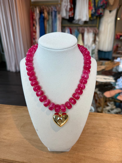 Colorful Beaded Heart Necklace in Dark Pink