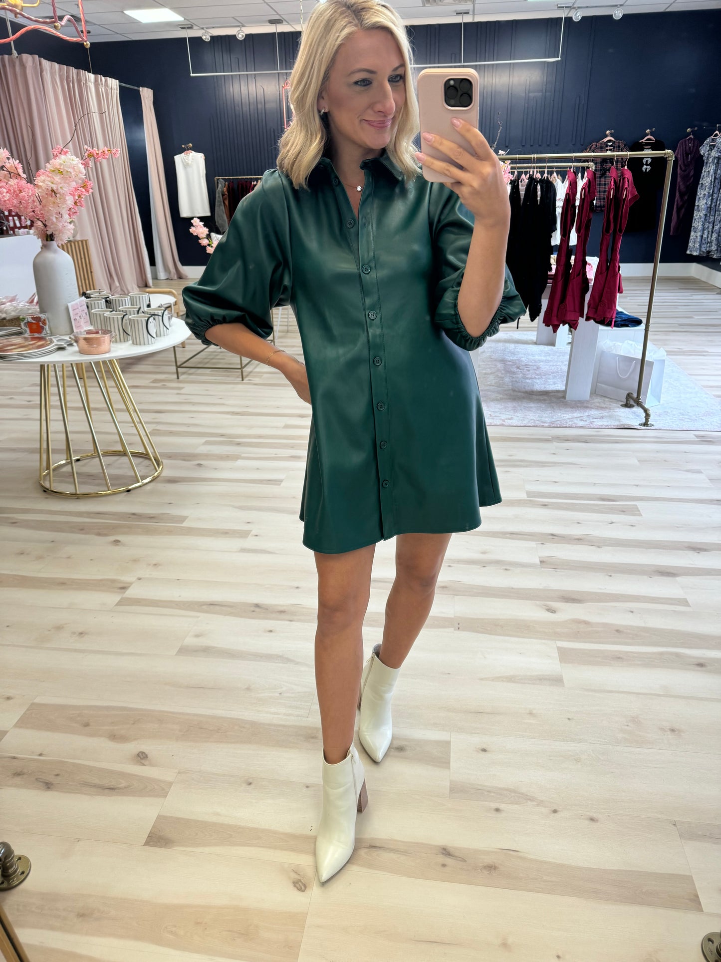 Vegan Leather Puff Sleeve Dress in Forest Green