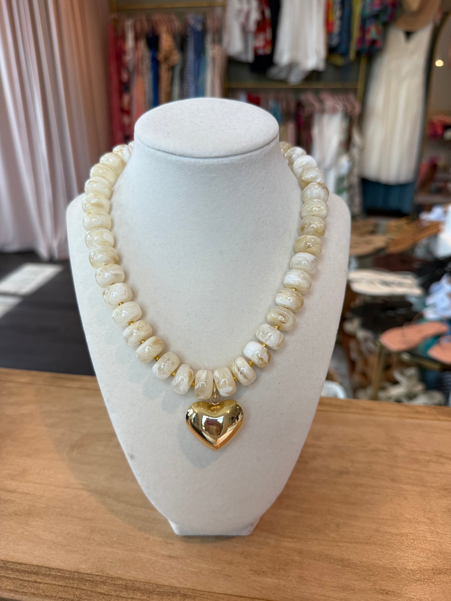 Colorful Beaded Heart Necklace in Beige