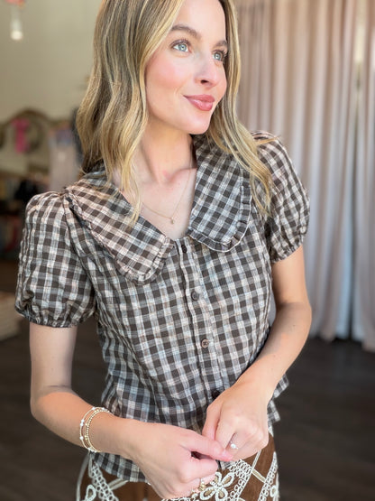 Gingham Plaid Button Top in Brown