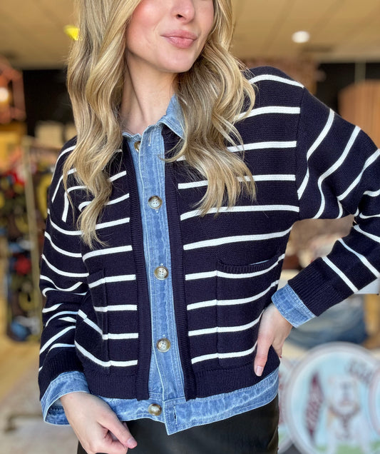 Stripe Knit/Denim Cardigan