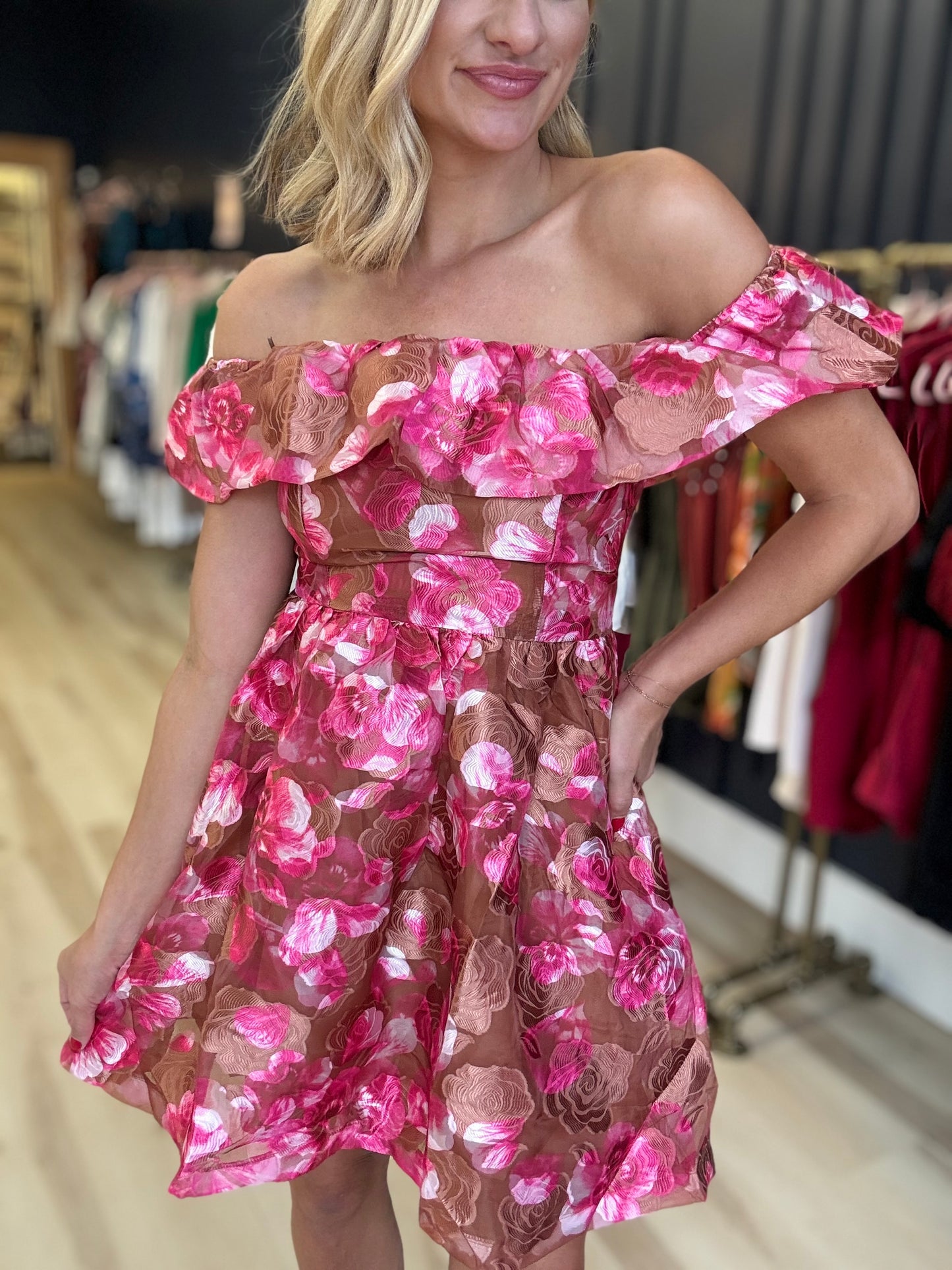 Mersin Floral Off the Shoulder Mini Dress