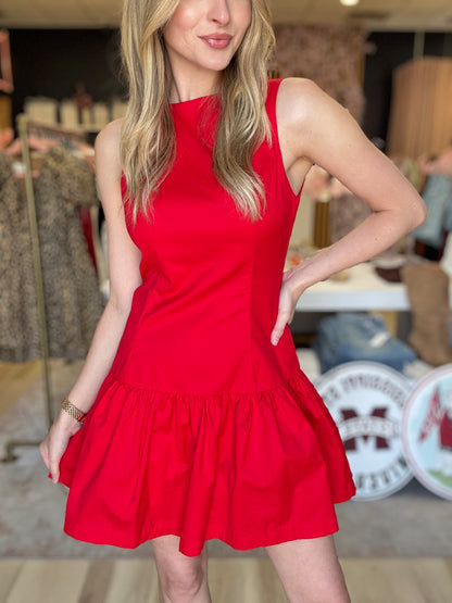 Red Fit and Flare Drop Waist Dress