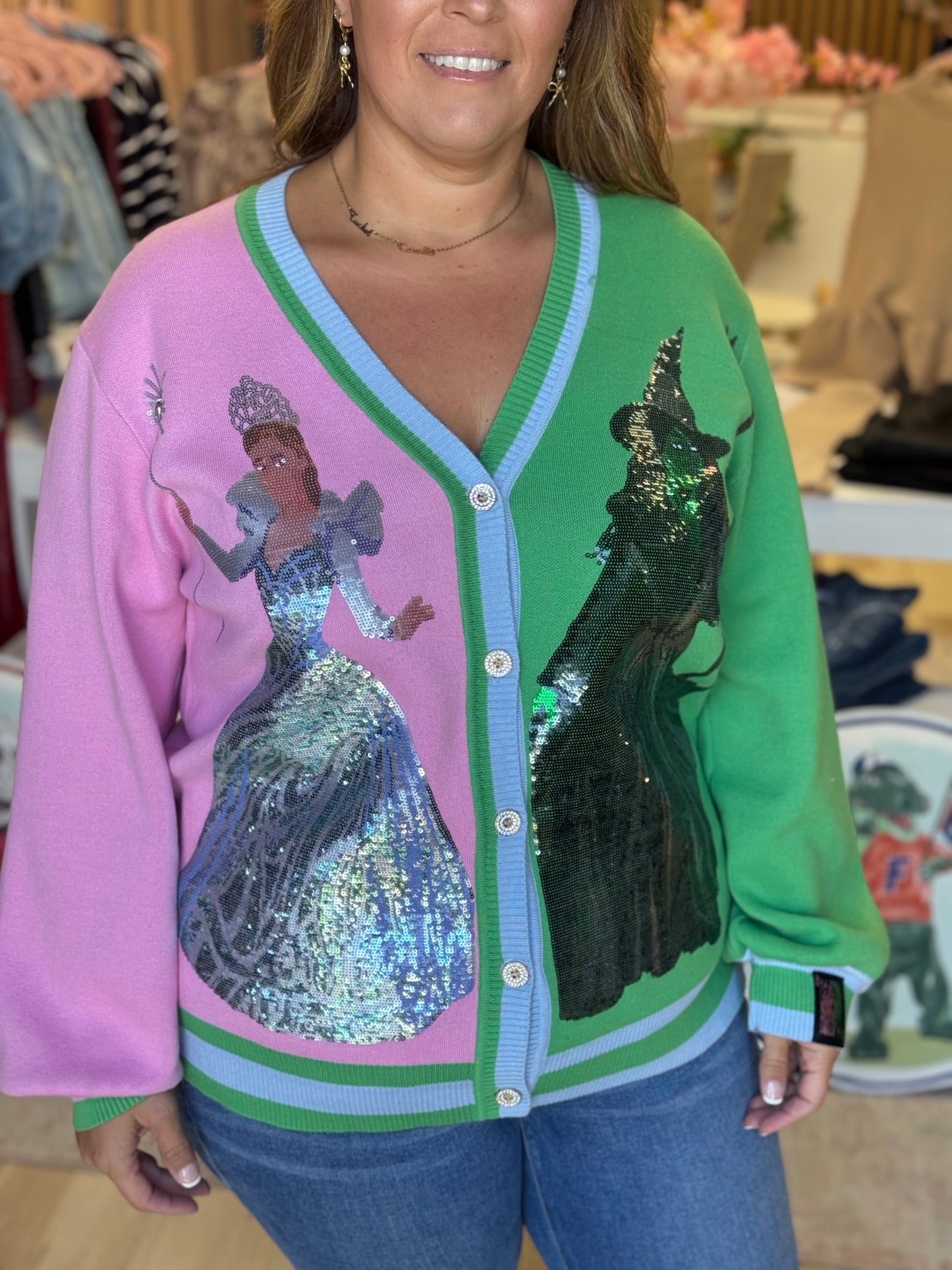 Queen of Sparkles Licensed Colorblock Glinda and Elphaba Button Up Cardigan