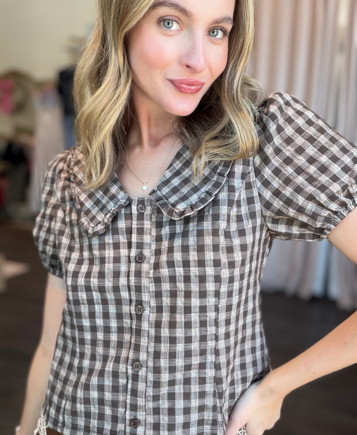 Gingham Plaid Button Top in Brown