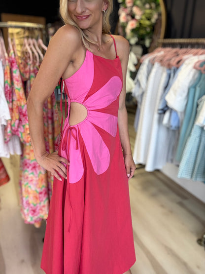 Floral Cut Out Dress - Pink/Red