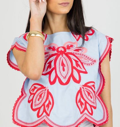 Blue Vacay Embroidered Top (PREORDER)
