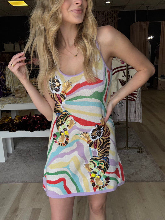 Queen of Sparkles Rainbow Crawling Tiger On Multi Tiger Print Knit Dress