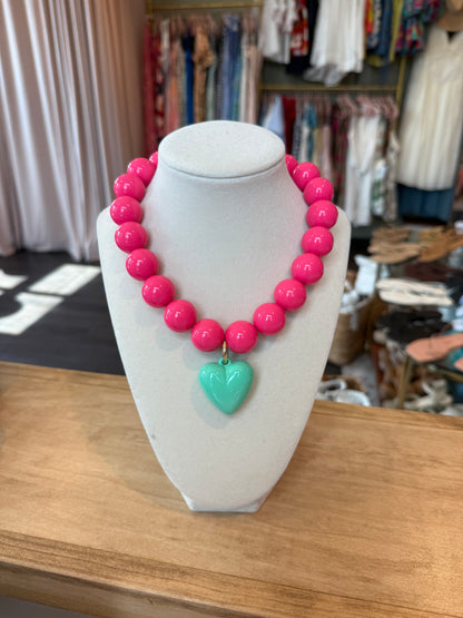 Heart Charm Acrylic Necklace in Fuchsia