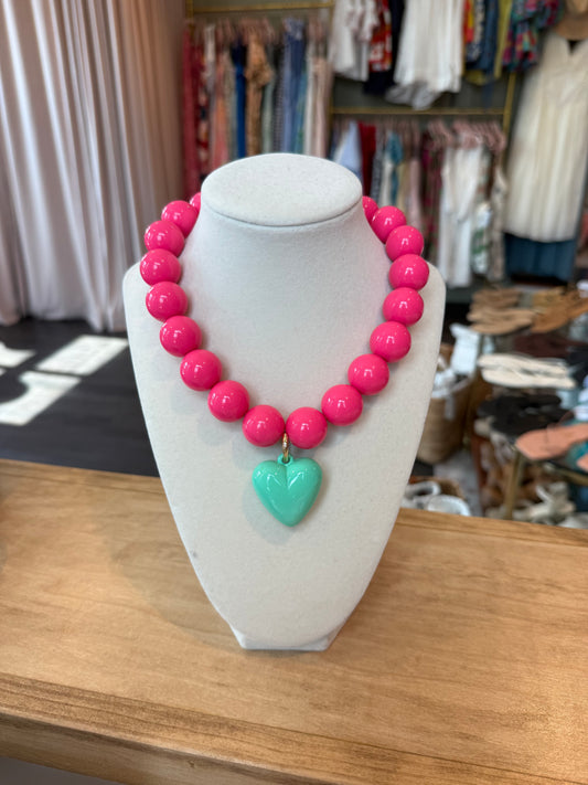 Heart Charm Acrylic Necklace in Fuchsia