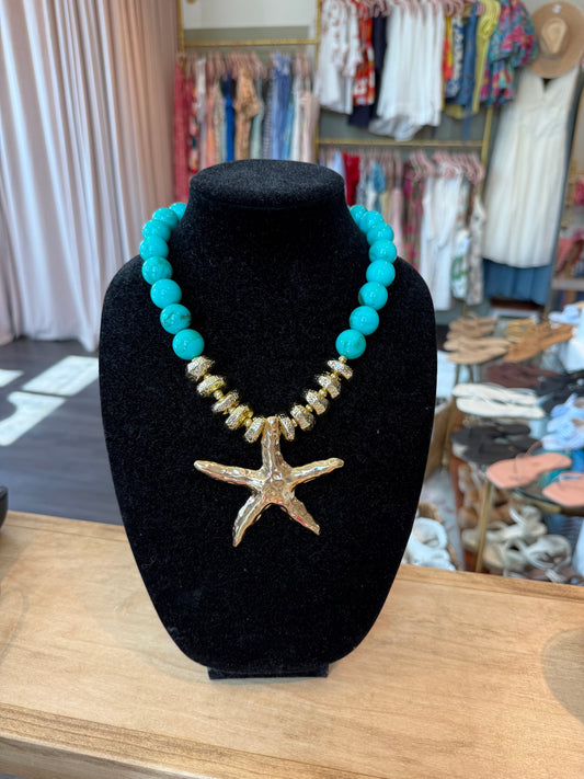Starfish Pendant Turquoise Beaded Necklace