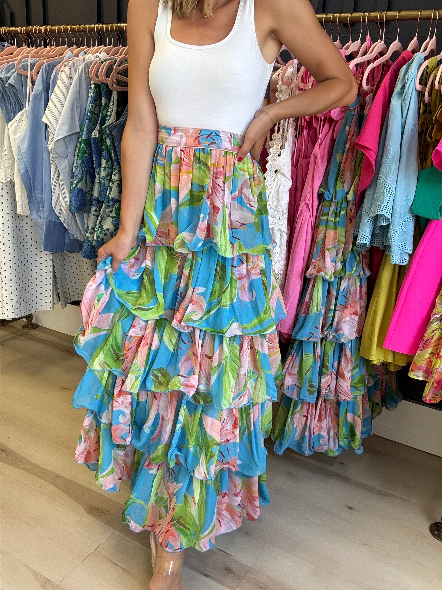 Farm Rio Blue Lily Bloom Maxi Skirt